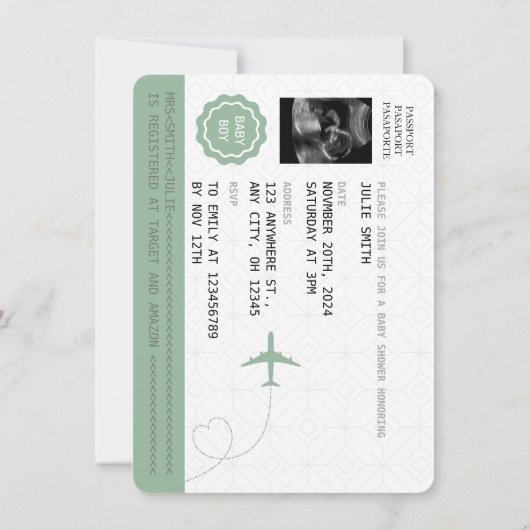 Green Passport Travel Boy Babydusche Weltkarte in Einladung (Rückseite)