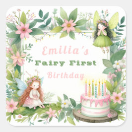 Green Pastel Fairy Erster Geburtstag - Quadratischer Aufkleber