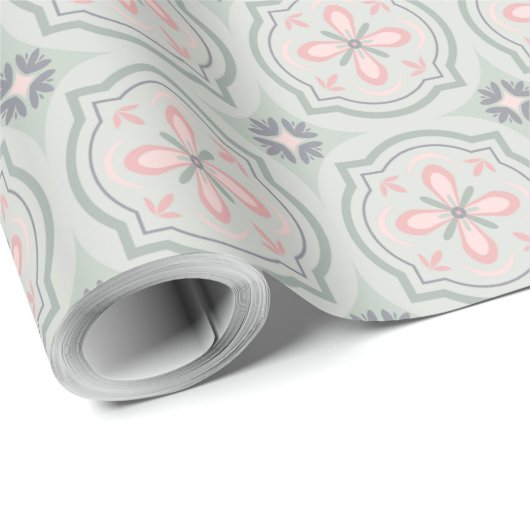 Green Pastel Floral Tiles Geschenkpapier (Rolleneckpunkt)
