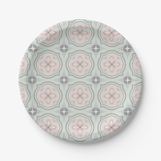 Green Pastel Floral Tiles Pappteller (Vorderseite)
