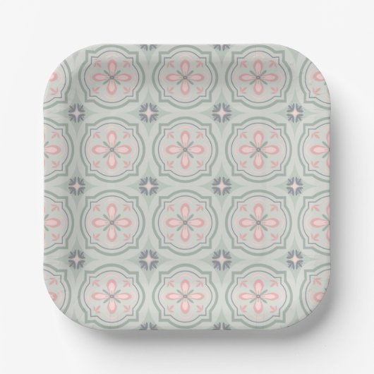 Green Pastel Floral Tiles Pappteller (Vorderseite)