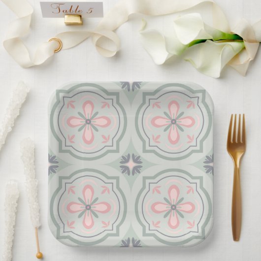 Green Pastel Floral Tiles Pappteller (Hochzeit)