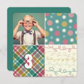 Green Patchwork Pattern Squares Boy Foto Geburtsta Einladung (Vorne/Hinten)