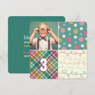 Green Patchwork Pattern Squares Boy Foto Geburtsta Einladung
