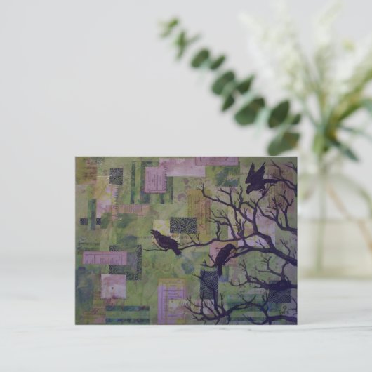 Green Patchwork Ravens Mixed-Media-Postkarte Postkarte (Stehend Vorderseite)