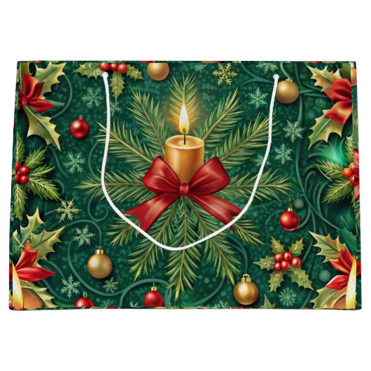Green Pattern Gold Candle Poinsettia Flower Große Geschenktüte (Vorderseite)