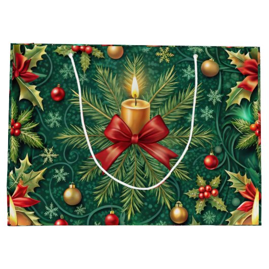 Green Pattern Gold Candle Poinsettia Flower Große Geschenktüte (Rückseite)