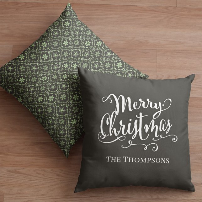 Green Pattern Merry Christmas Custom Kissen (Merry Christmas holiday calligraphy script snowflake pillow)