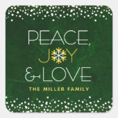 Green Peace Joy Liebe Snowflake Typografy Holiday Quadratischer Aufkleber (Vorderseite)