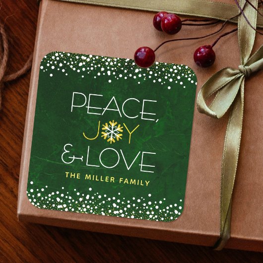 Green Peace Joy Liebe Snowflake Typografy Holiday Quadratischer Aufkleber