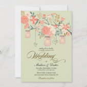 Green Peach Rustic Mason Jar Wedding Einladung (Vorderseite)