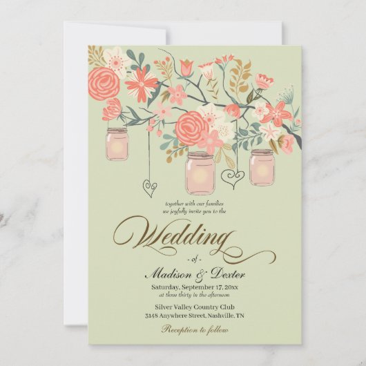 Green Peach Rustic Mason Jar Wedding Einladung (Vorderseite)