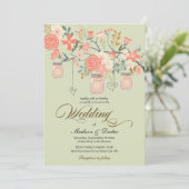 Green Peach Rustic Mason Jar Wedding Einladung (Stehend Vorderseite)