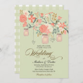 Green Peach Rustic Mason Jar Wedding Einladung (Vorne/Hinten)
