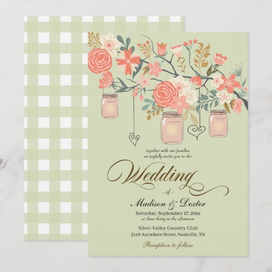 Green Peach Rustic Mason Jar Wedding Einladung (Vorne/Hinten)