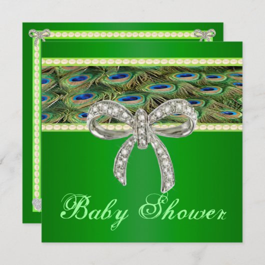 Green Peacock Diamond Bow Babydusche Einladung (Vorne/Hinten)