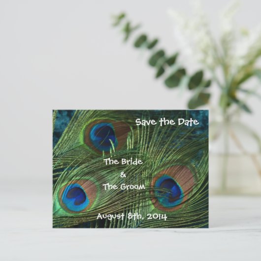 Green Peacock Feathers Save the Date Ankündigungspostkarte (Stehend Vorderseite)