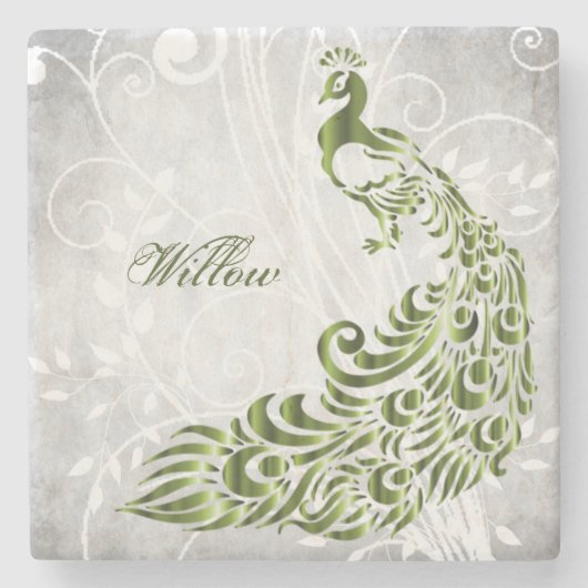 Green Peacock Personalisiert Stone Untersetzer (Vorderseite)