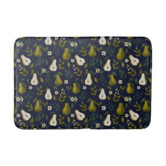 Green Pear Watercolor Pattern on Dark Blue  Badematte