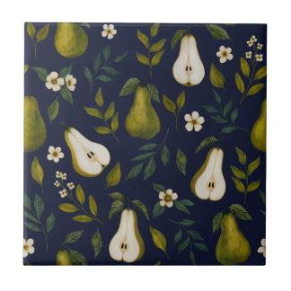 Green Pear Watercolor Pattern on Dark Blue  Fliese