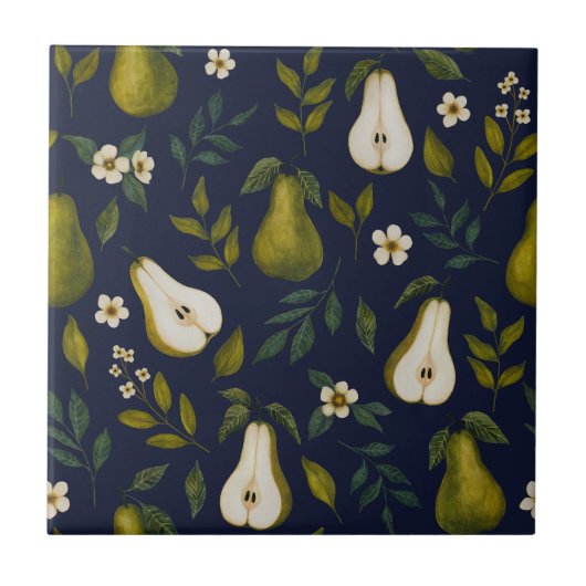 Green Pear Watercolor Pattern on Dark Blue  Fliese (Vorderseite)