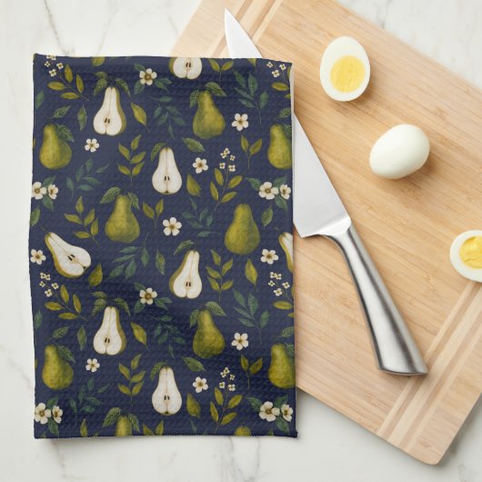 Green Pear Watercolor Pattern on Dark Blue  Geschirrtuch (Viertel Falte)