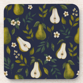 Green Pear Watercolor Pattern on Dark Blue  Getränkeuntersetzer