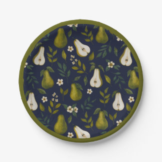 Green Pear Watercolor Pattern on Dark Blue  Pappteller