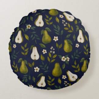 Green Pear Watercolor Pattern on Dark Blue  Rundes Kissen