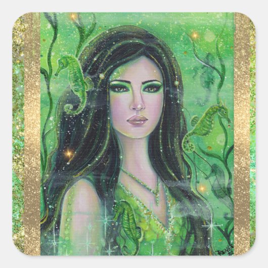 Green Peridot mermaid von Renee Lavoie Quadratischer Aufkleber (Vorderseite)