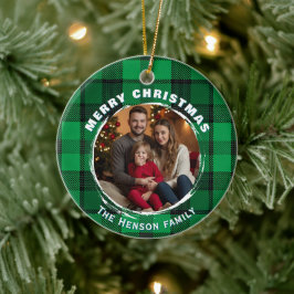 Green Personalized Family Photo Plaid Pattern  Keramik Ornament