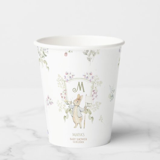 Green Peter the Rabbit Monogram Gender Baby Dusche Pappbecher (Vorderseite)