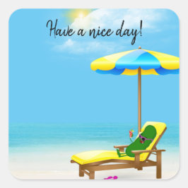 Green Pickle on Beach Chair Quadratischer Aufkleber