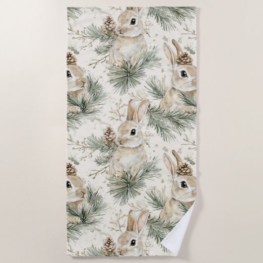 Green Pine Cones Bunny Rabbits Christmas Strandtuch (Vorderseite)