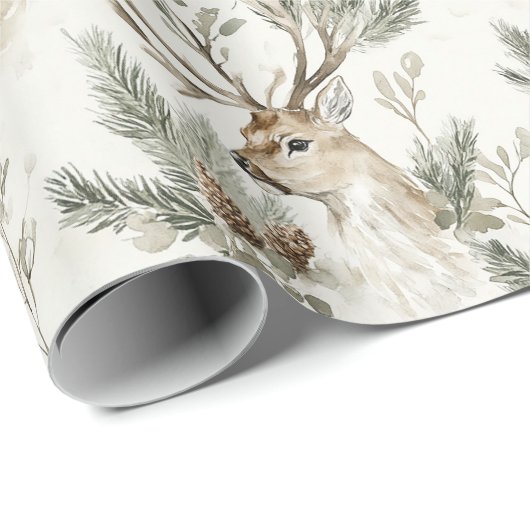 Green Pine Cones Deer Christmas Geschenkpapier (Rolleneckpunkt)