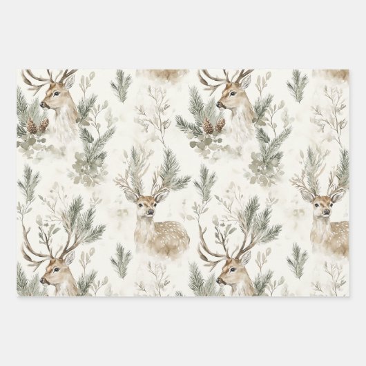 Green Pine Cones Deer Christmas Geschenkpapier Set (Vorderseite 3)