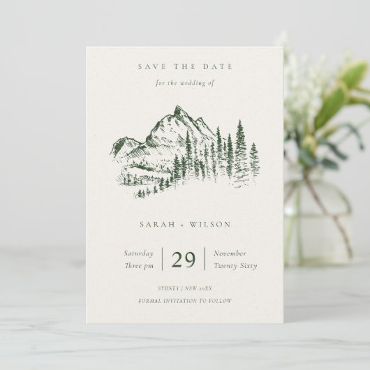 Green Pine Mountain Sketch Save the Date Karte (Stehend Vorderseite)
