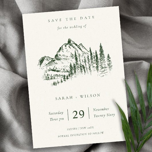 Green Pine Mountain Sketch Save the Date Karte