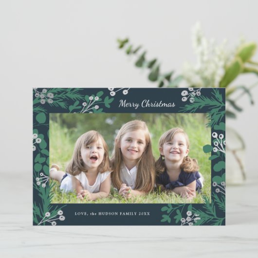 Green Pine Silver Foil Berries Weihnachten Ein Fot (Stehend Vorderseite)