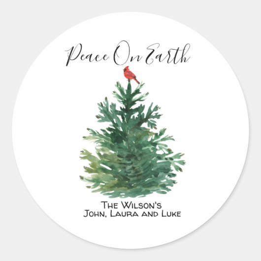 Green Pine Tree Red Cardinal Peace on Earth Custom Runder Aufkleber (Vorderseite)