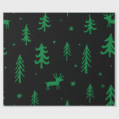 Green Pine Tree Schwarzes Weihnachtsmuster Geschenkpapier (Flach)
