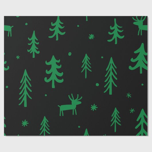 Green Pine Tree Schwarzes Weihnachtsmuster Geschenkpapier (Flach)