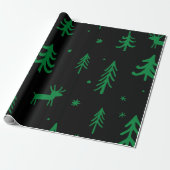Green Pine Tree Schwarzes Weihnachtsmuster Geschenkpapier (Ungerollt)