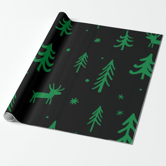 Green Pine Tree Schwarzes Weihnachtsmuster Geschenkpapier (Ungerollt)