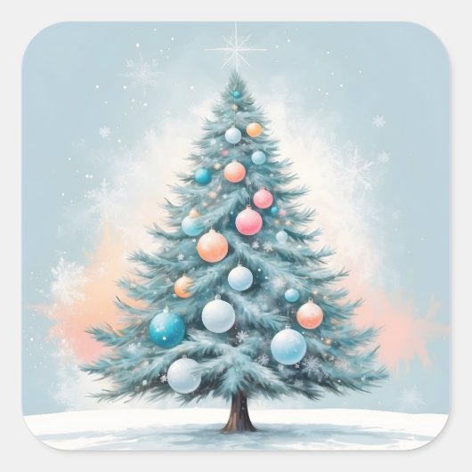 Green Pine Tree & Snowflakes | Blue Orange Coral Quadratischer Aufkleber (Vorderseite)
