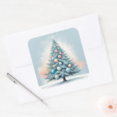 Green Pine Tree & Snowflakes | Blue Orange Coral Quadratischer Aufkleber (Umschlag)