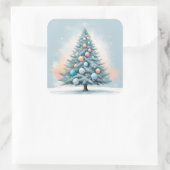 Green Pine Tree & Snowflakes | Blue Orange Coral Quadratischer Aufkleber (Tasche)