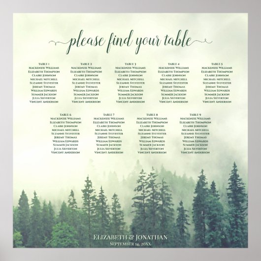 Green Pine Trees 9 Table Wedding Seating Chart Poster (Vorne)