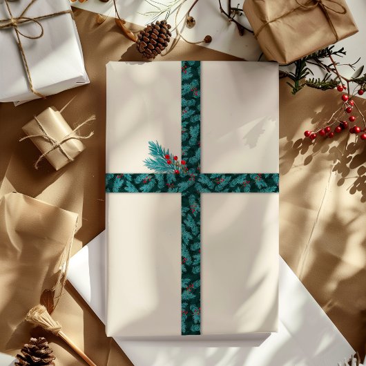 Green Pine Twigs and Red Berries Christmas Pattern Satinband