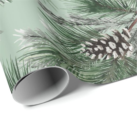 Green Pine White Cones Silver Spruce Garland Sage Geschenkpapier (Rolleneckpunkt)